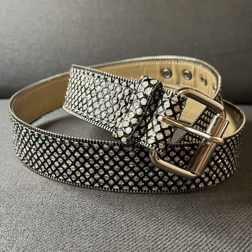 Relic Y2K Black Glitter Zipper Edge Belt Size Large VTG Style Holographic